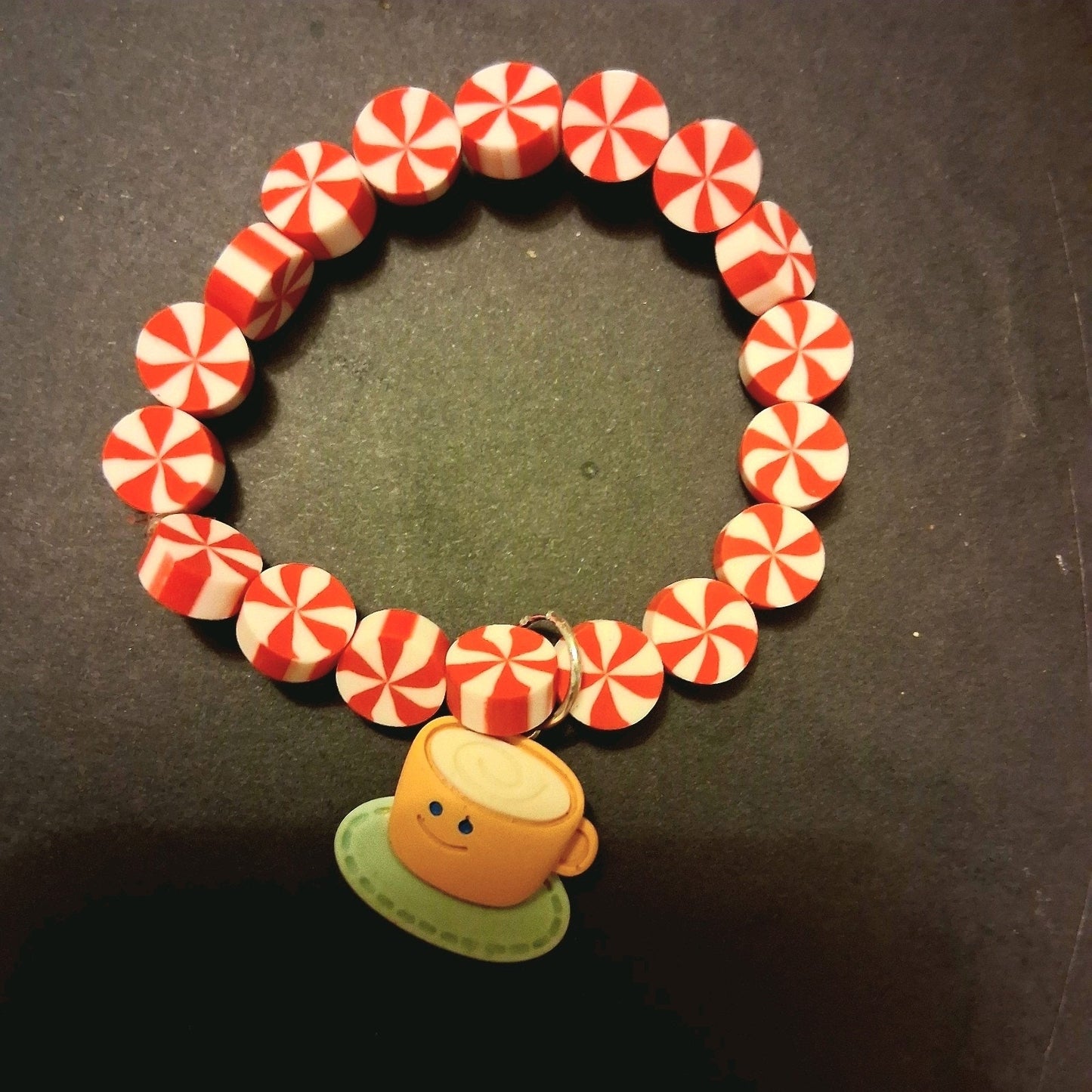 Adorable Peppermint Latte Coffee Charm Bracelet Stretchy Elastic Handmade Gift