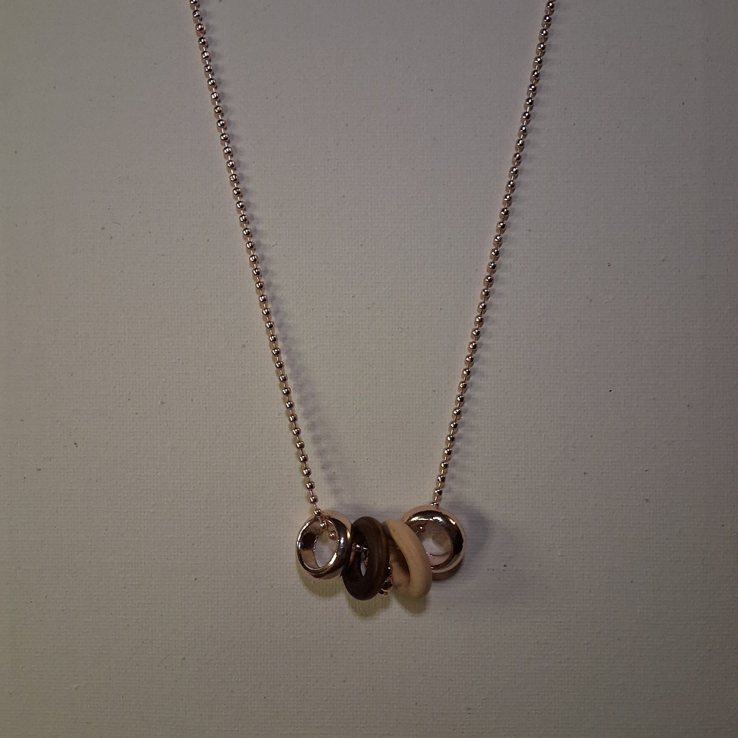 Boho CHAIN Necklace with Rings Unisex Wooden Gold Tone