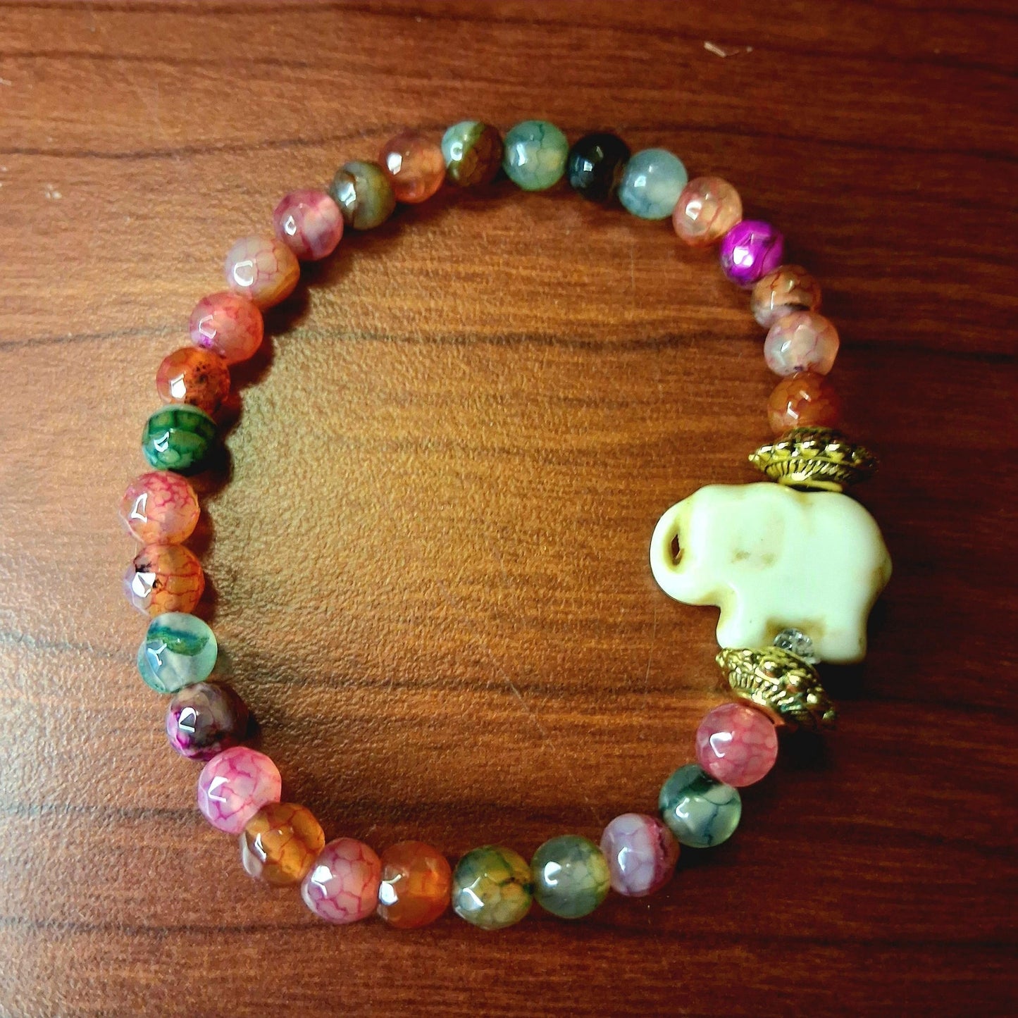 Gorgeous Handmade Stretchy Elephant Wrist Bracelet With Dragon Stone Agate Beads