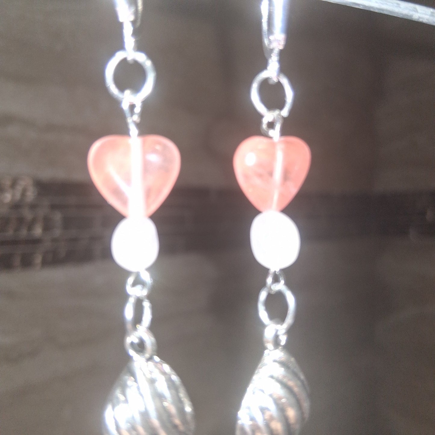 Pretty Rose Quarts Sea Shell Earrings with Silver Tone Hooks