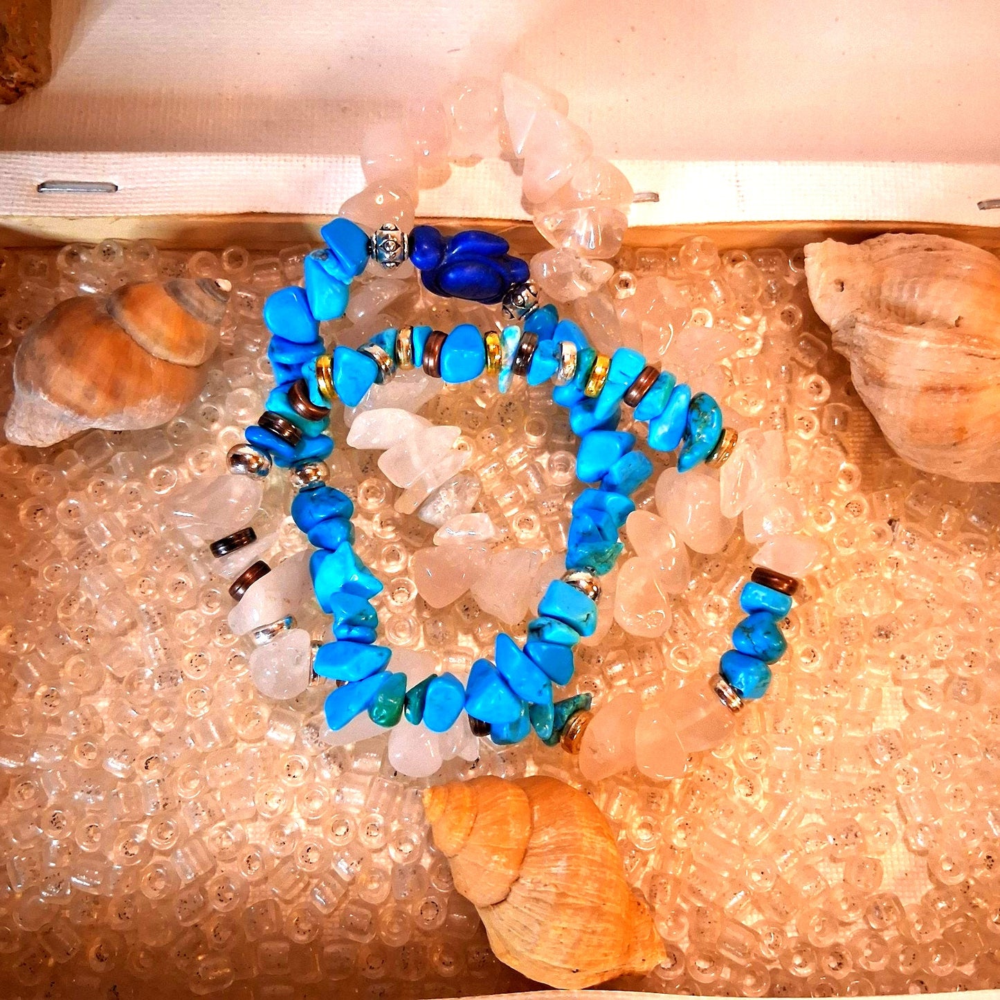 3 Ocean Theme Boho Turtle Bracelet Set, Handmade Elastic Multicolor