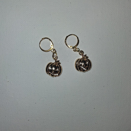 Gold Pumpkin Halloween Earrkng with Carves Faces Asymmetrical Dangle Earrings