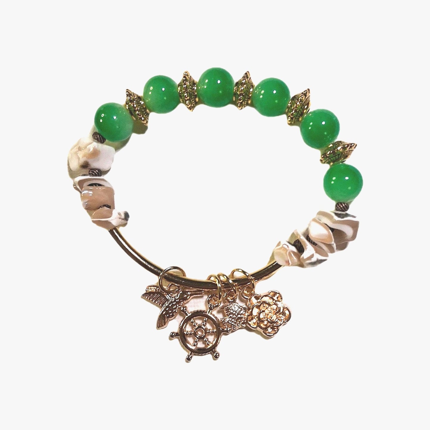 Travel CHARM bracelet Handmade With Green Glass Beads, Shell Beads, Gold & Brass