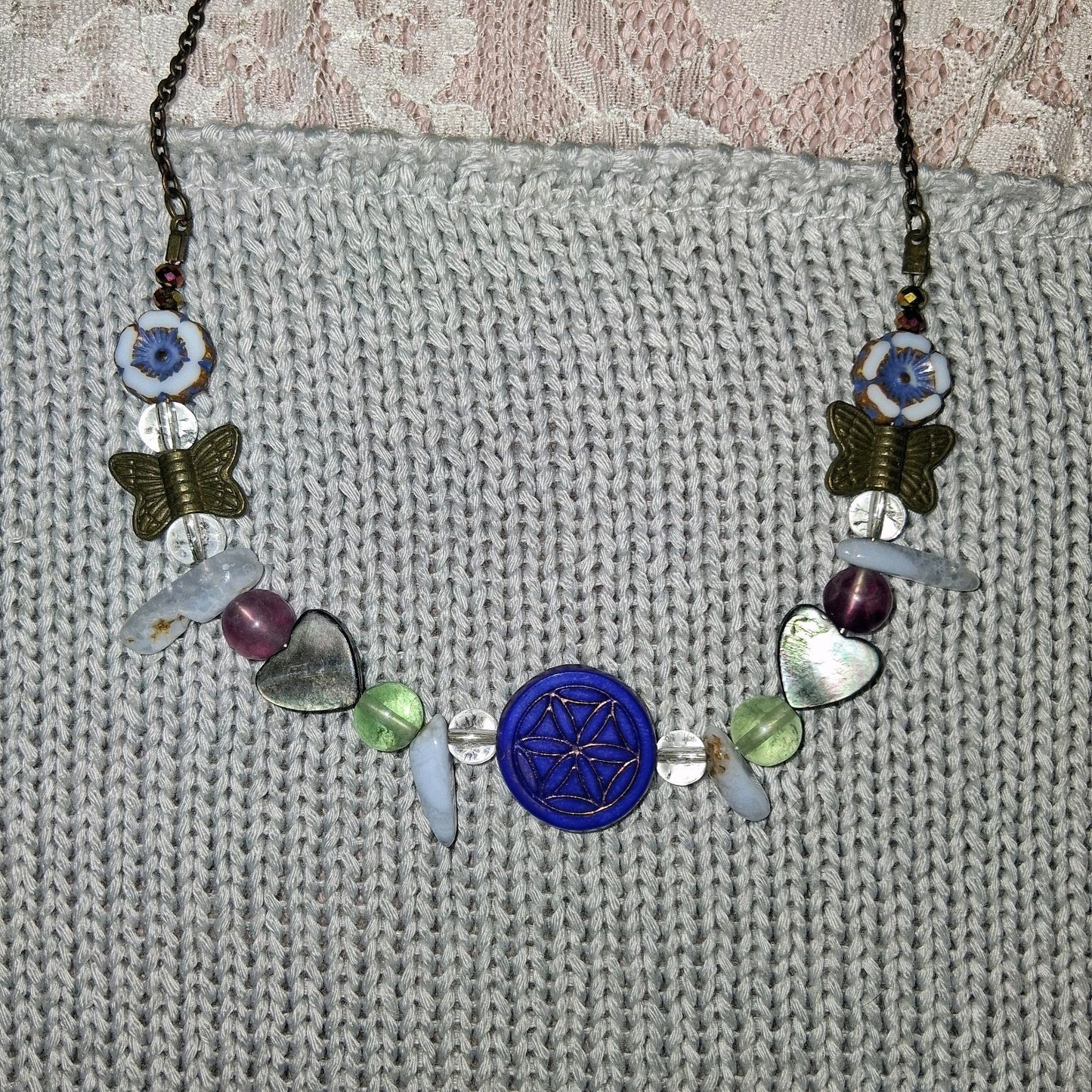 Blue Toned Elegant Whymsical Butterfly Nature Flower Chakra Pendant Necklace