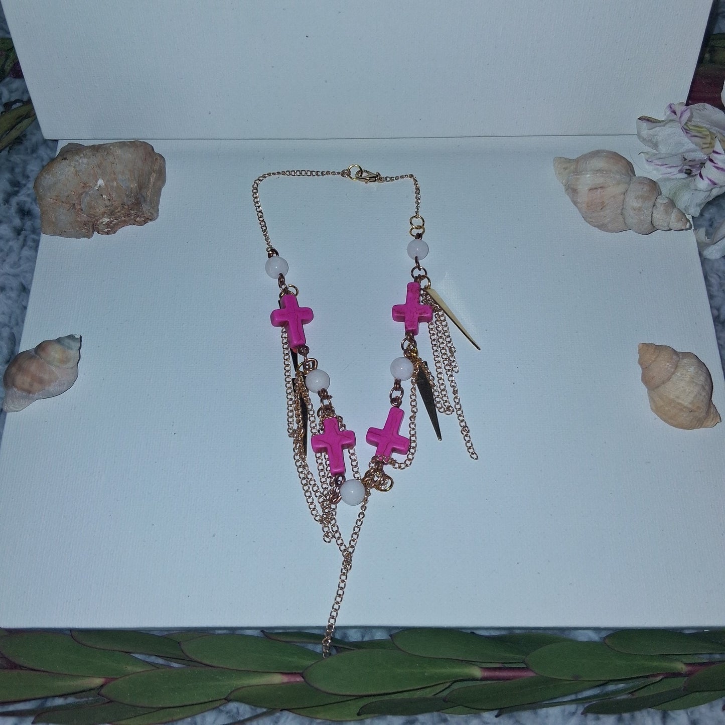 Asymmetrical Boho Fringle Chain Pink Cross Beaded Cocker Necklace Gold Tone