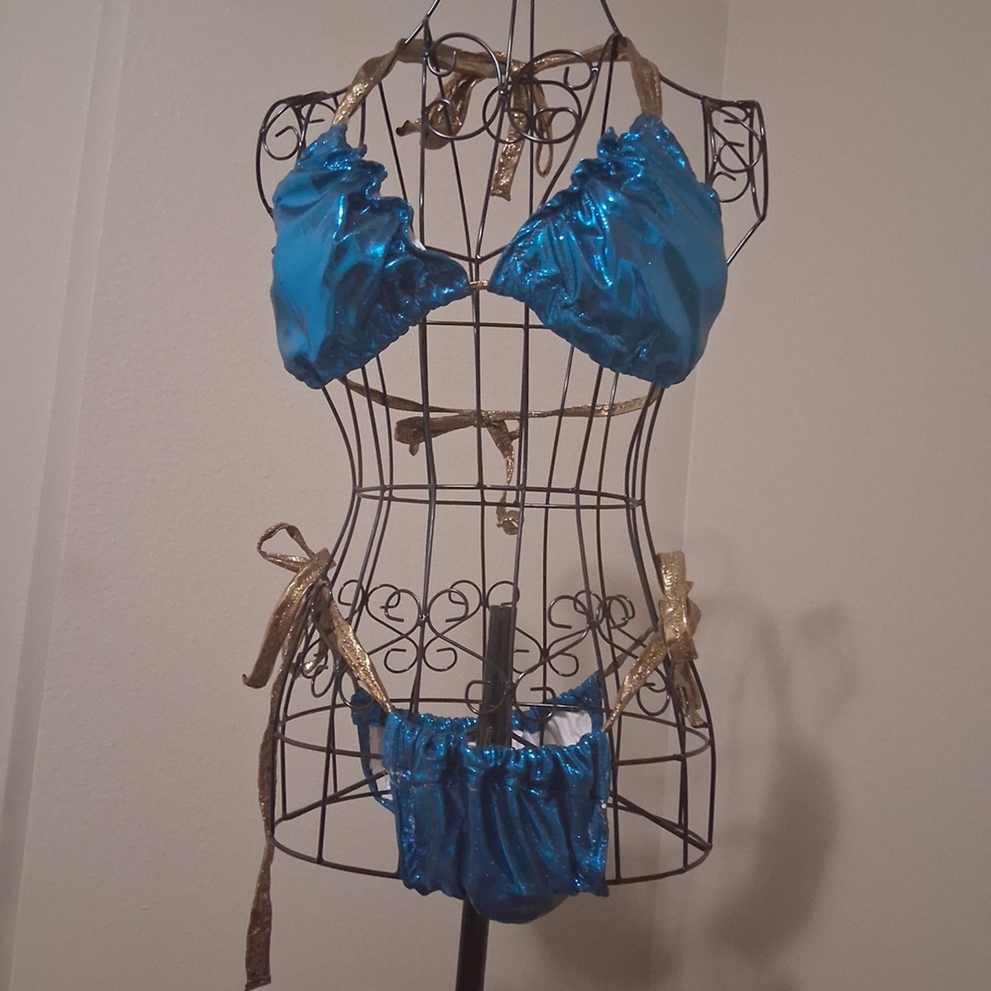 Handmade Shiny Blue Bikini Set With GOLD straps