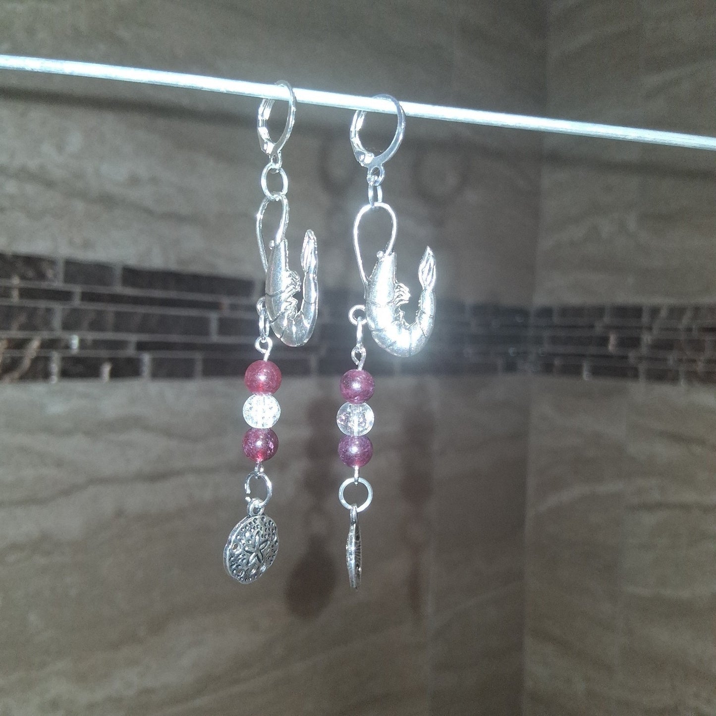 Elegant Shrimp Bait Sand Dollar Ocean Earrings with Garnet + Quartz Beads Silver