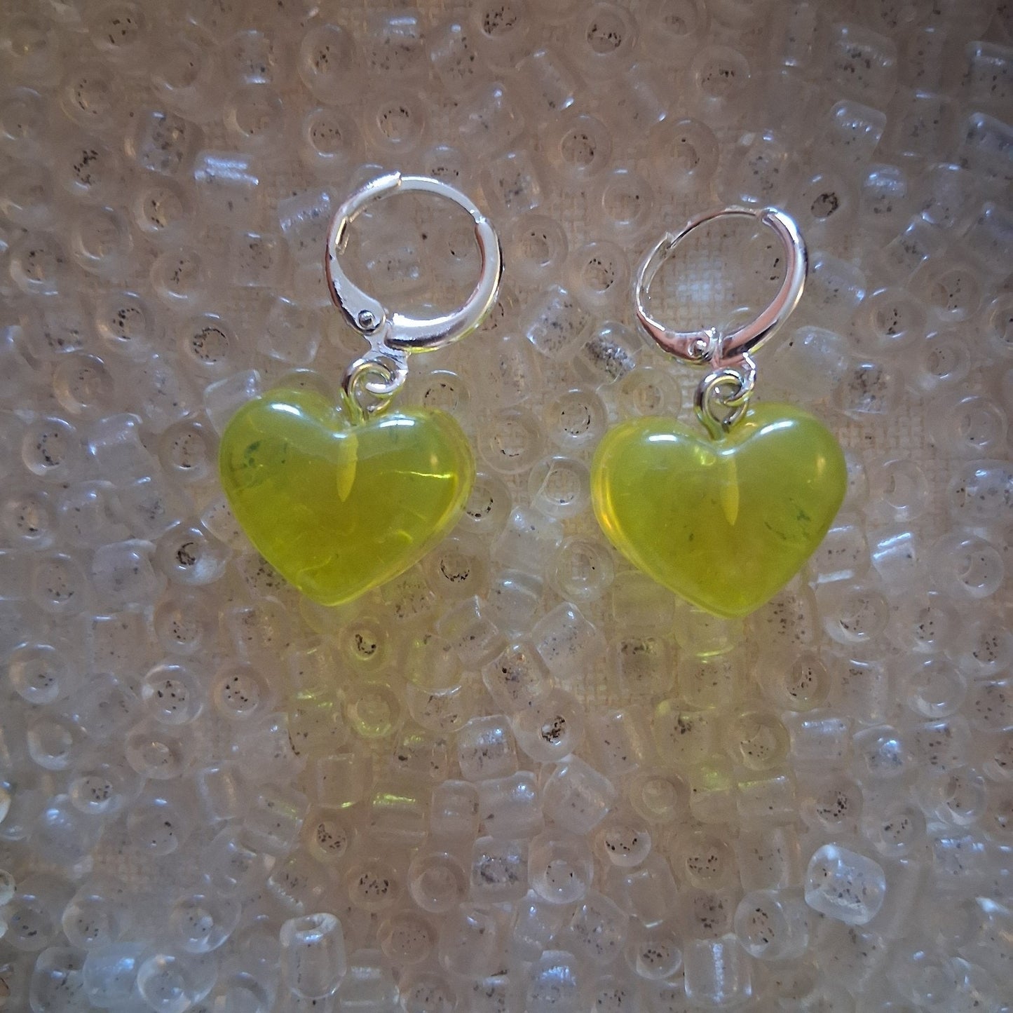 Yellow HEART earrings Resin Silver Dangle Circle Leverback
