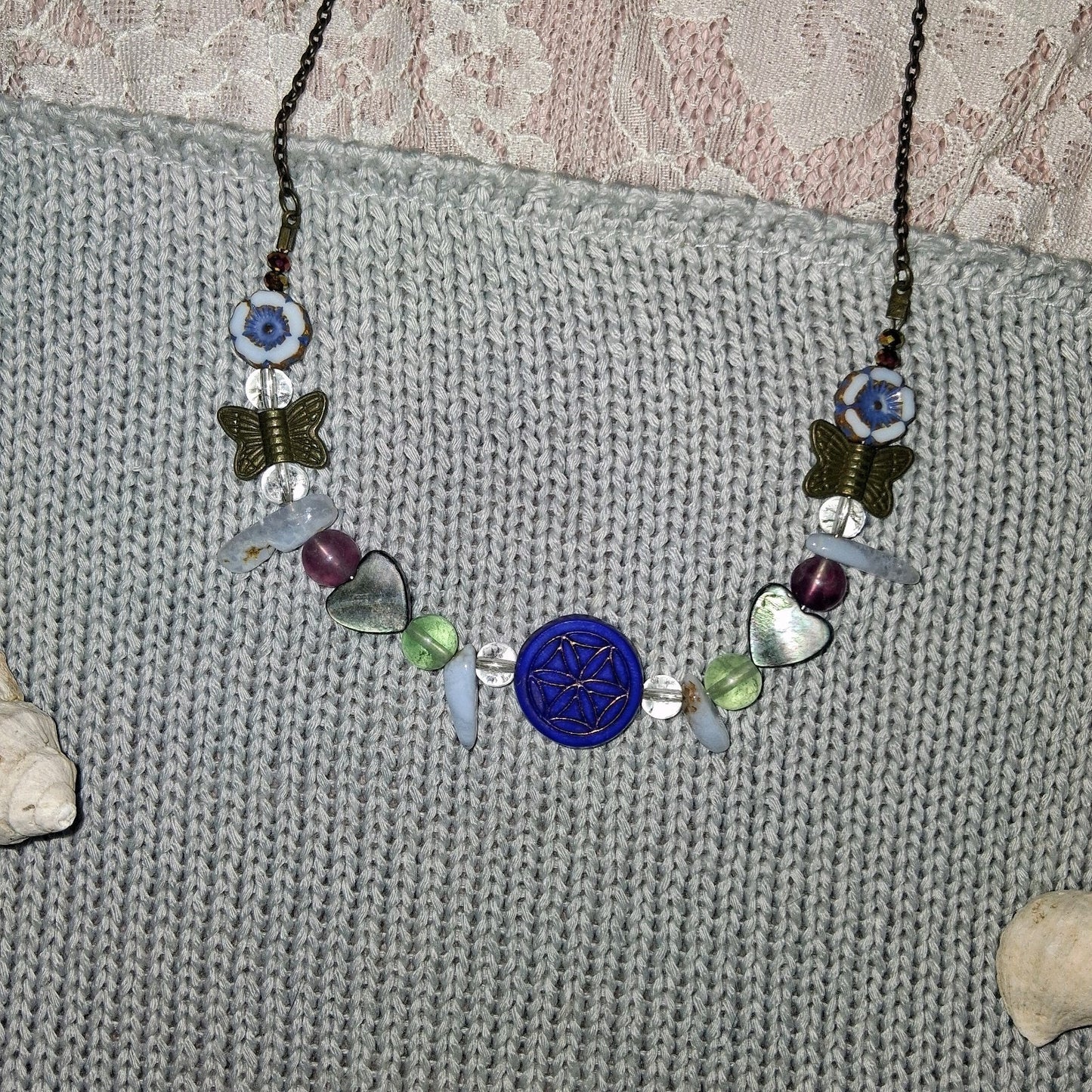 Blue Toned Elegant Whymsical Butterfly Nature Flower Chakra Pendant Necklace