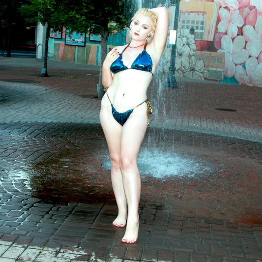 Handmade Shiny Blue Bikini Set With GOLD straps