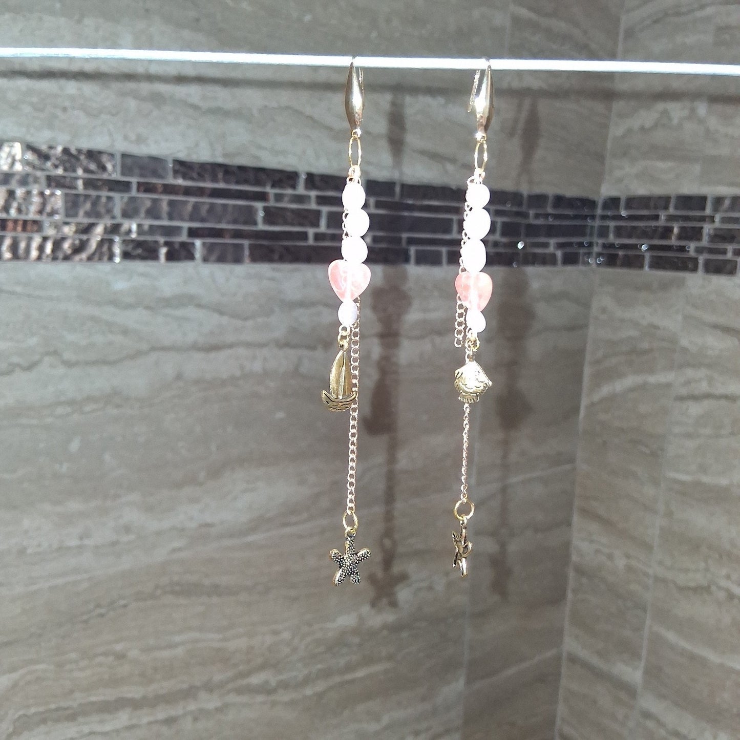 Gold Dangle Chain Ocean Theme Earrings Fish Boat Asymmetrical With Starfish