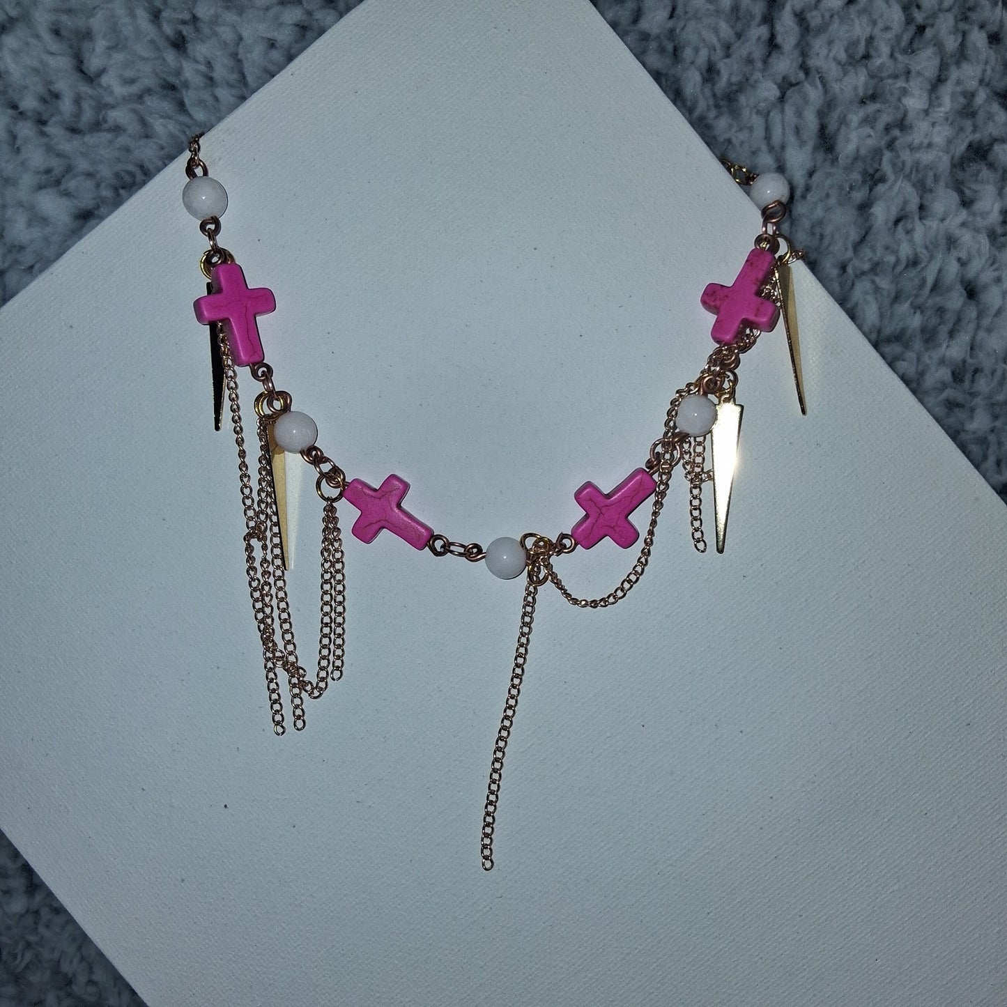 Asymmetrical Boho Fringle Chain Pink Cross Beaded Cocker Necklace Gold Tone