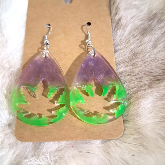 Pretty 420 "Maple Leaf" Epoxy Resin Dangle Earrings Handmade