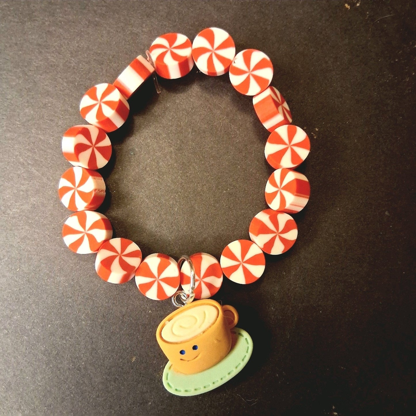 Adorable Peppermint Latte Coffee Charm Bracelet Stretchy Elastic Handmade Gift