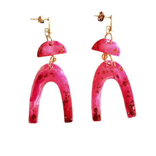 Handmade Pink and GOLD Resin Dangle Earrings with Gold Accents
