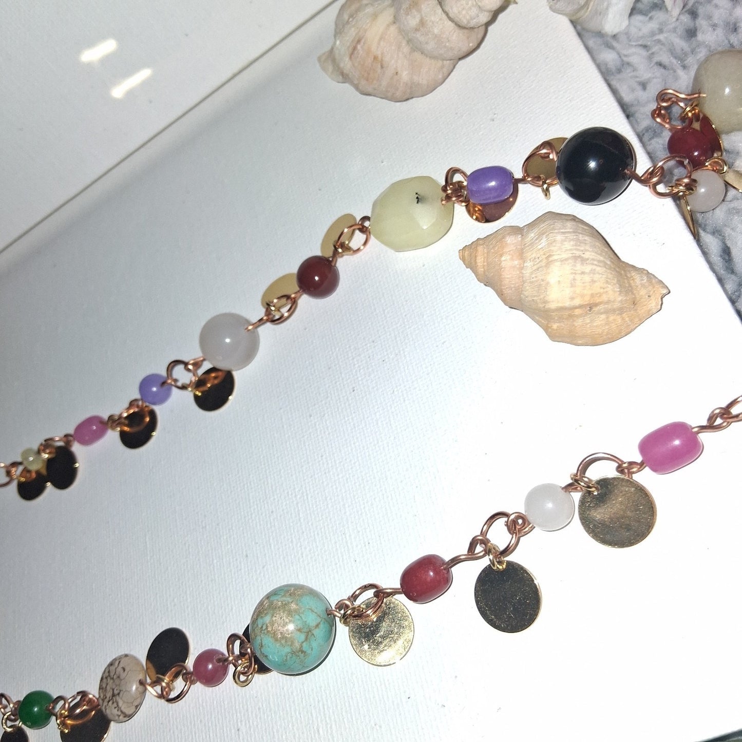 Long Handmade GLASS and Stone Beaded Chain Necklace Bohemian Jewlery
