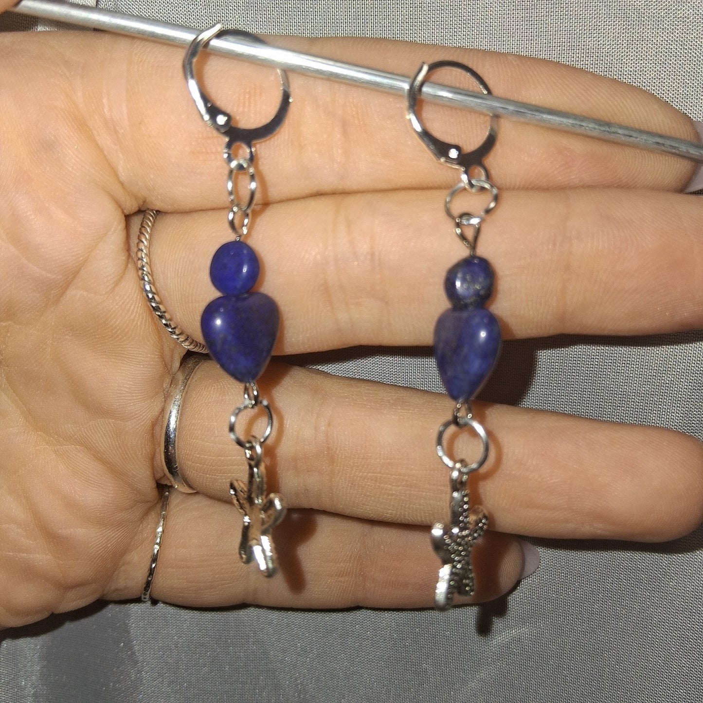 Adorable Lapis Lazuli Heart Starfish Silver Circle Hook Dangle Earrings Jewelry