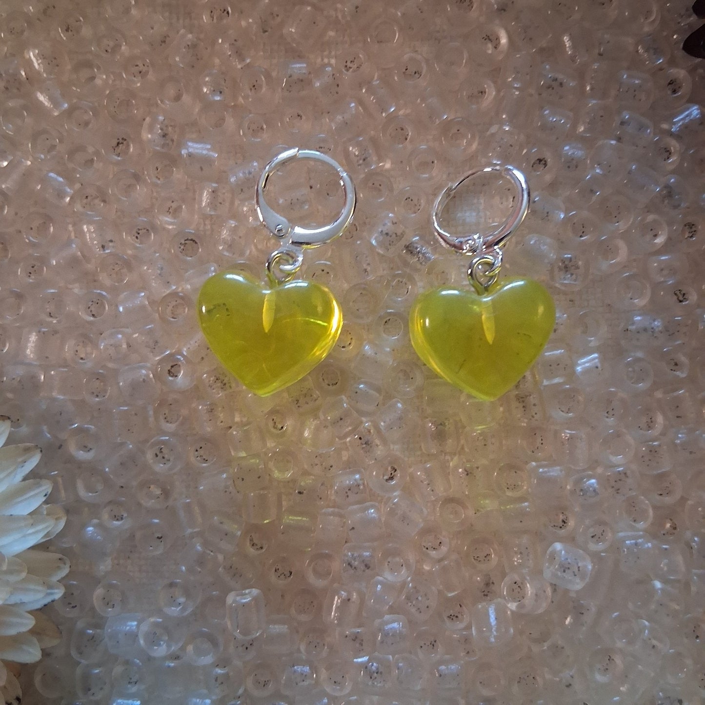Yellow HEART earrings Resin Silver Dangle Circle Leverback