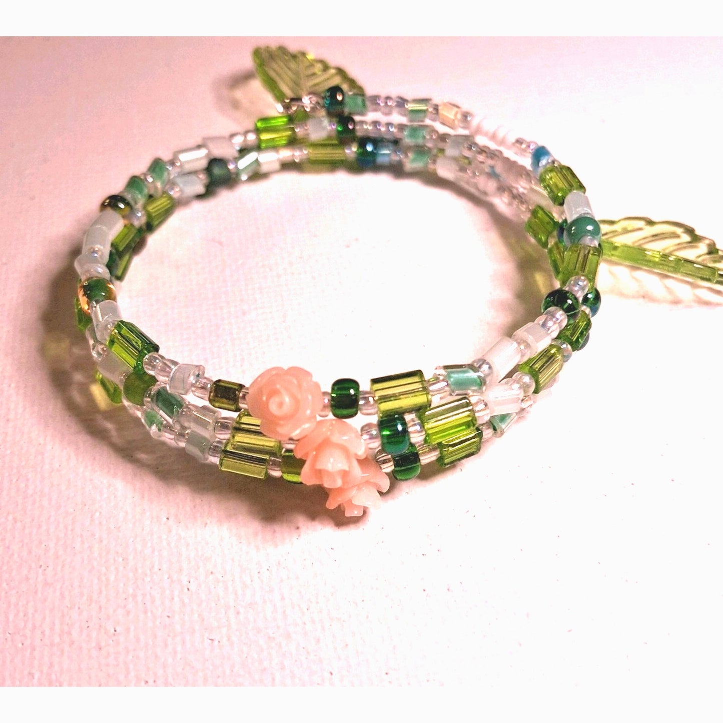 Wrap Bracelet With Green Beads And Pink Flowers Green Leaves Fairy JEWLRY
