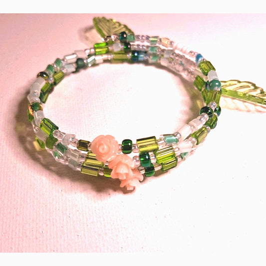 Wrap Bracelet With Green Beads And Pink Flowers Green Leaves Fairy JEWLRY