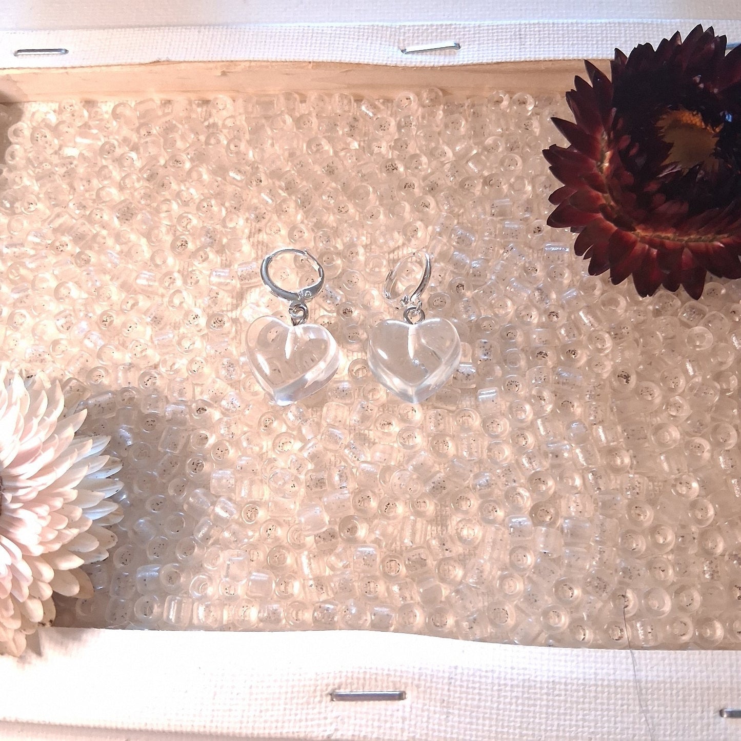 Clear Acrylic Heart Earrings, Silver Circle Leverback Clasps