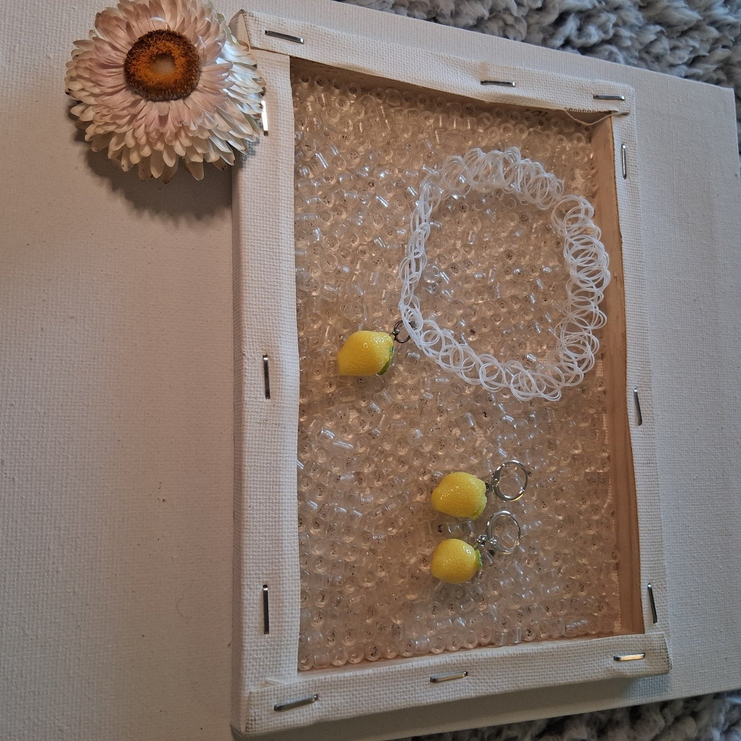 Cute LEMON Stretchy Chocker Necklace And Earring Set White Summer Chic