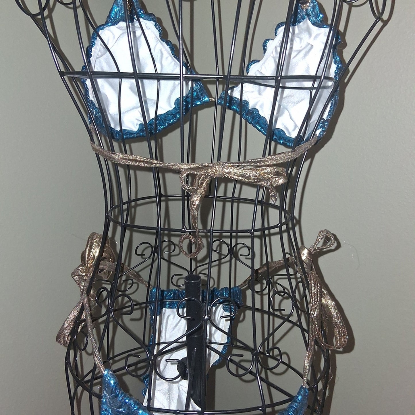 Handmade Shiny Blue Bikini Set With GOLD straps