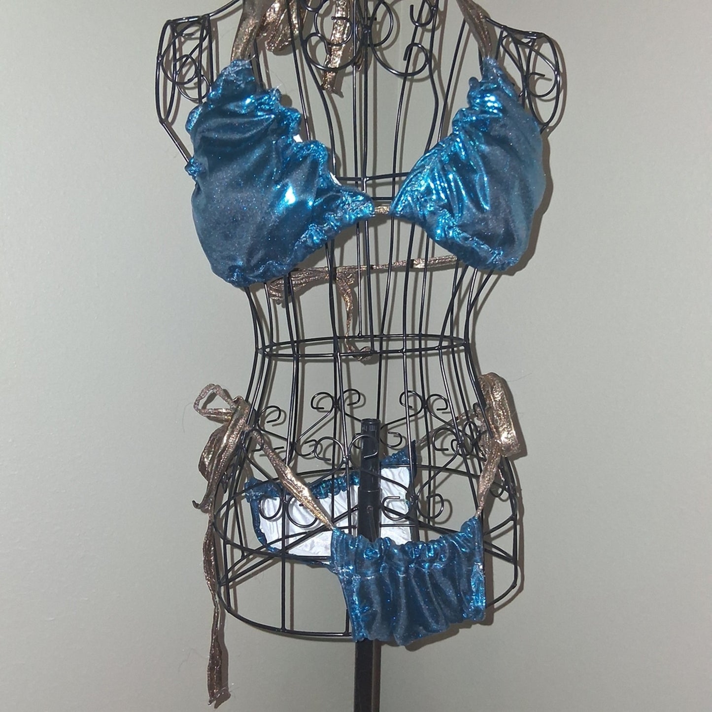 Handmade Shiny Blue Bikini Set With GOLD straps