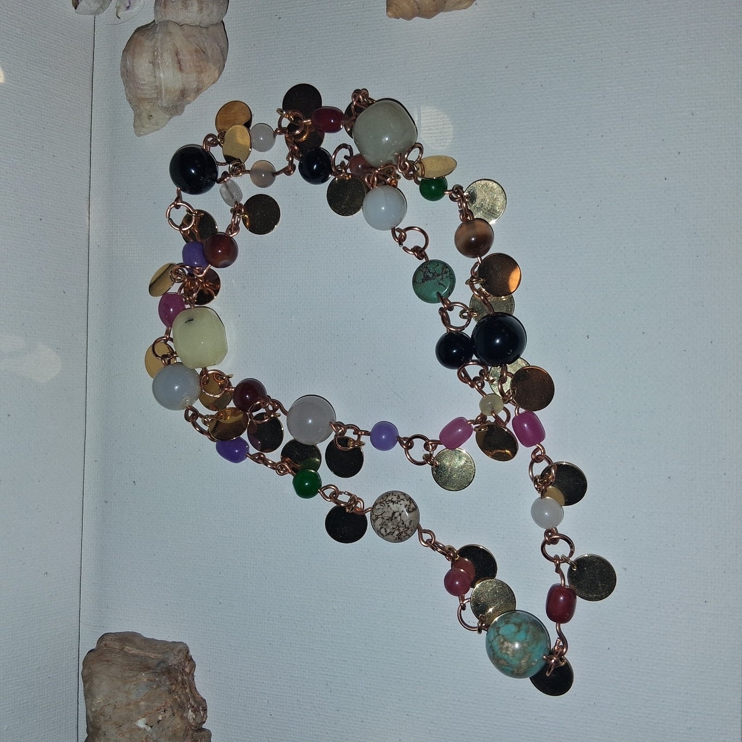 Long Handmade GLASS and Stone Beaded Chain Necklace Bohemian Jewlery