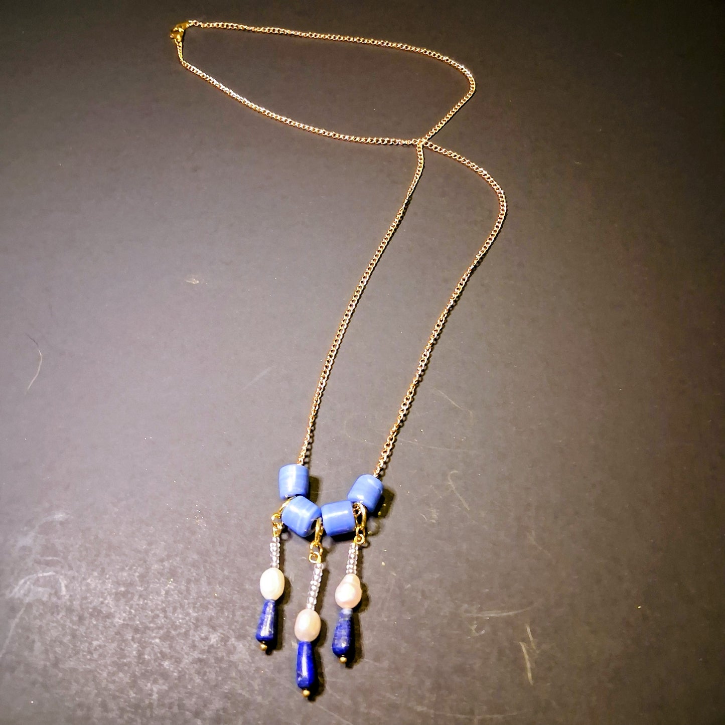 Handmade Beaded Chain Necklace Boho Lapis Lazuli Pearl