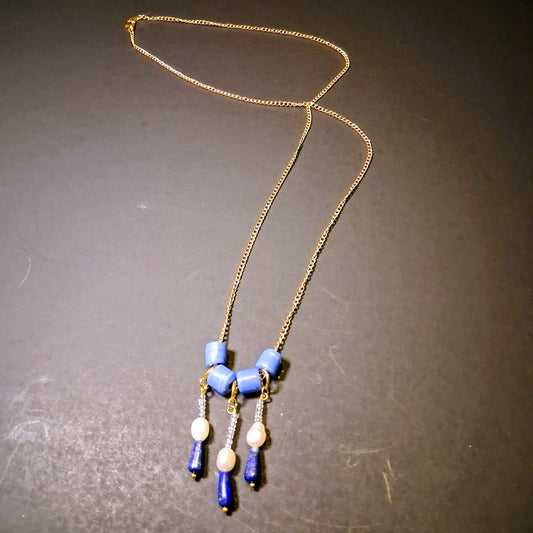 Handmade Beaded Chain Necklace Boho Lapis Lazuli Pearl