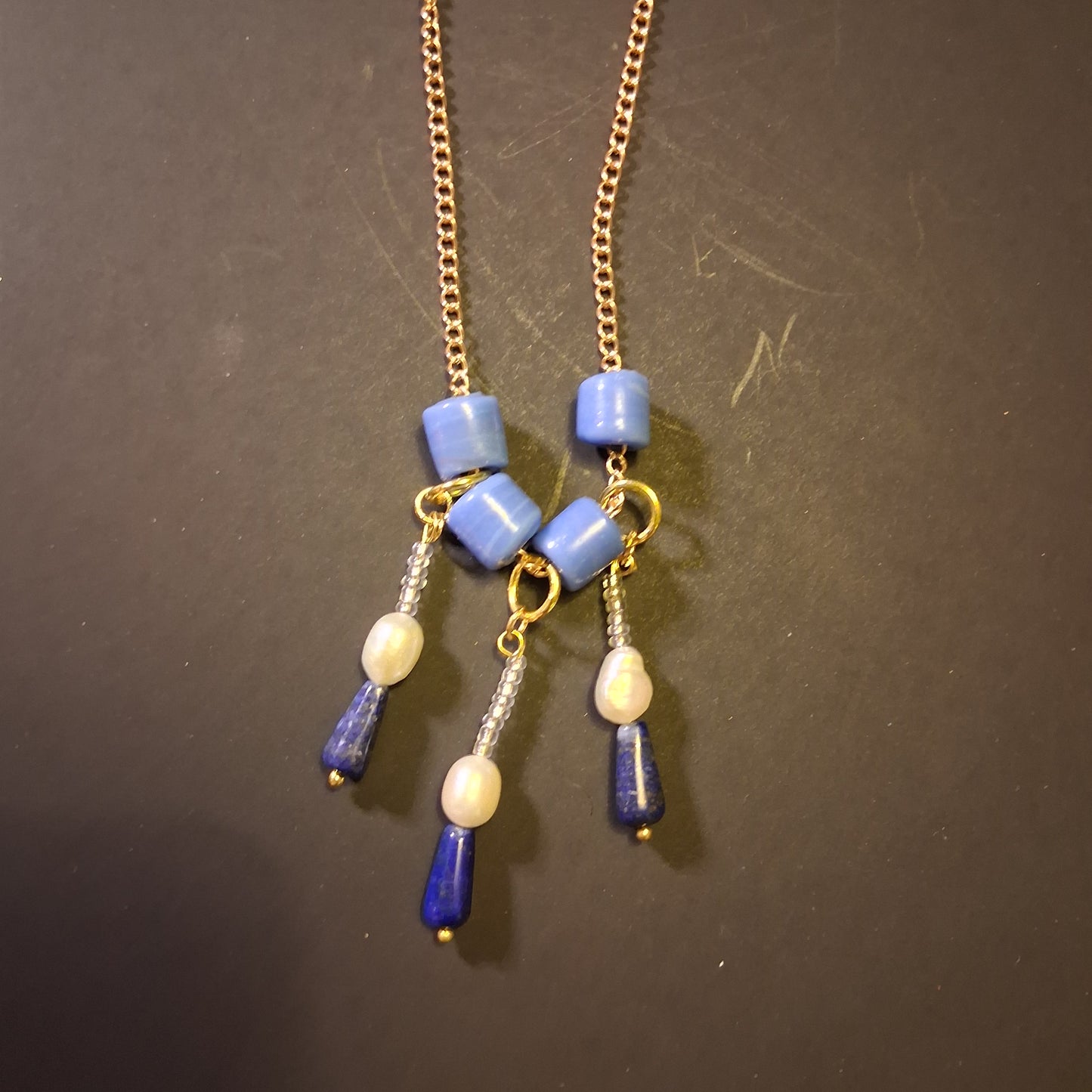 Handmade Beaded Chain Necklace Boho Lapis Lazuli Pearl