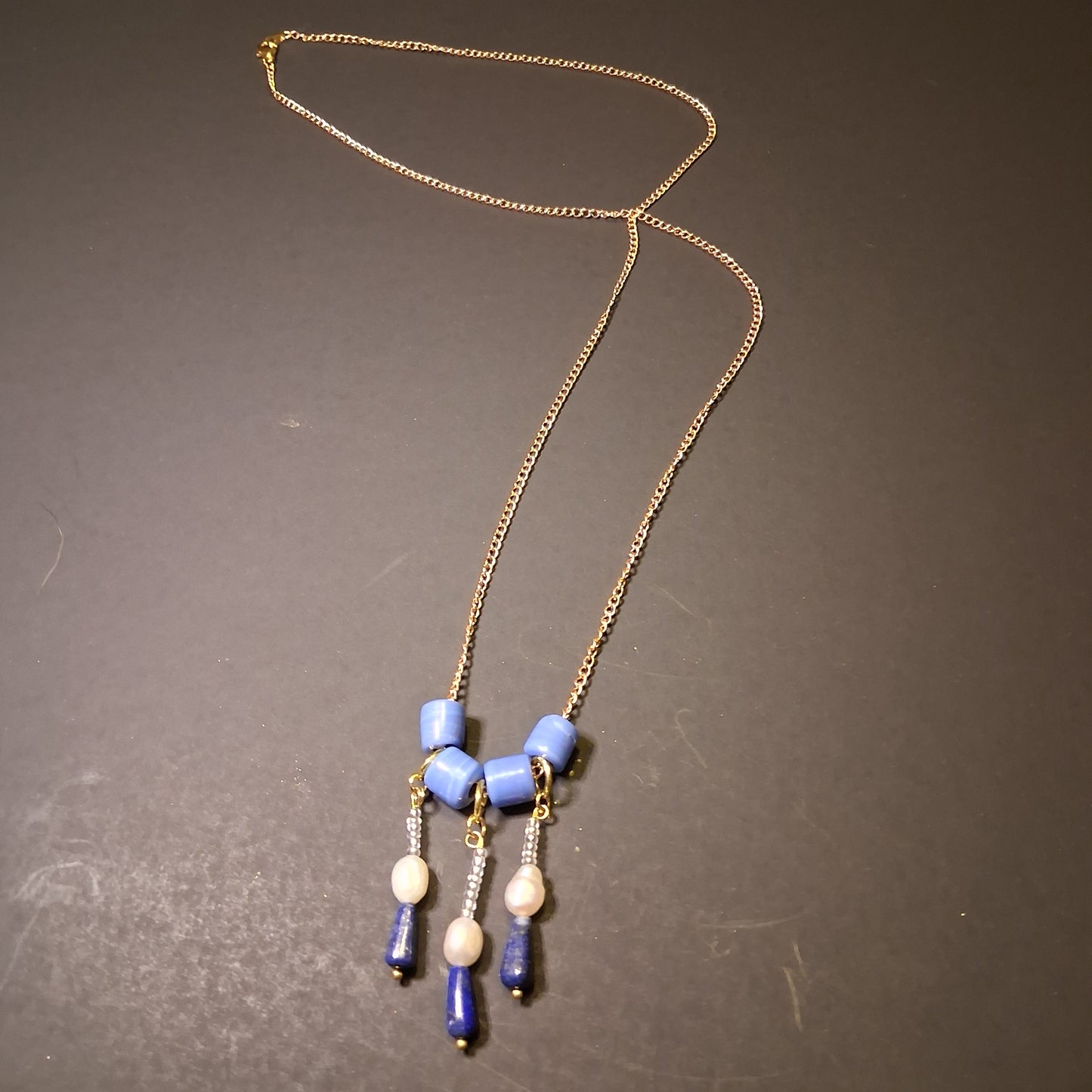 Handmade Beaded Chain Necklace Boho Lapis Lazuli Pearl