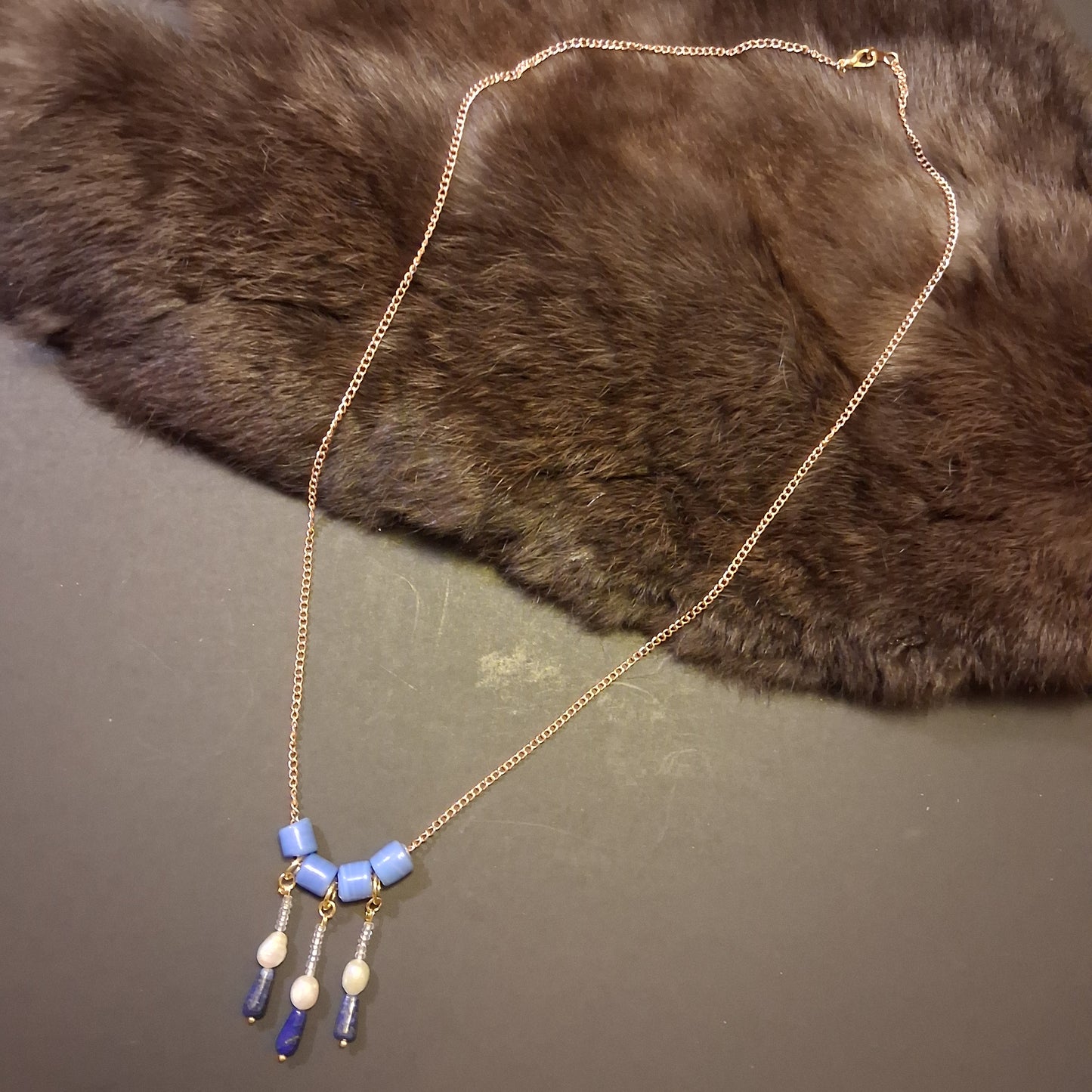 Handmade Beaded Chain Necklace Boho Lapis Lazuli Pearl