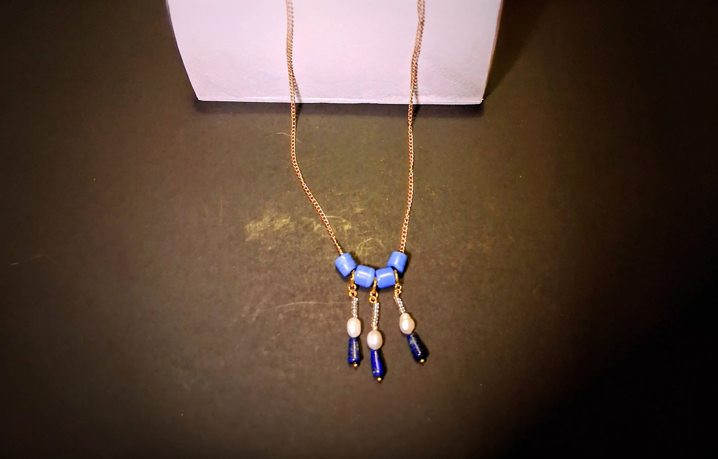 Handmade Beaded Chain Necklace Boho Lapis Lazuli Pearl