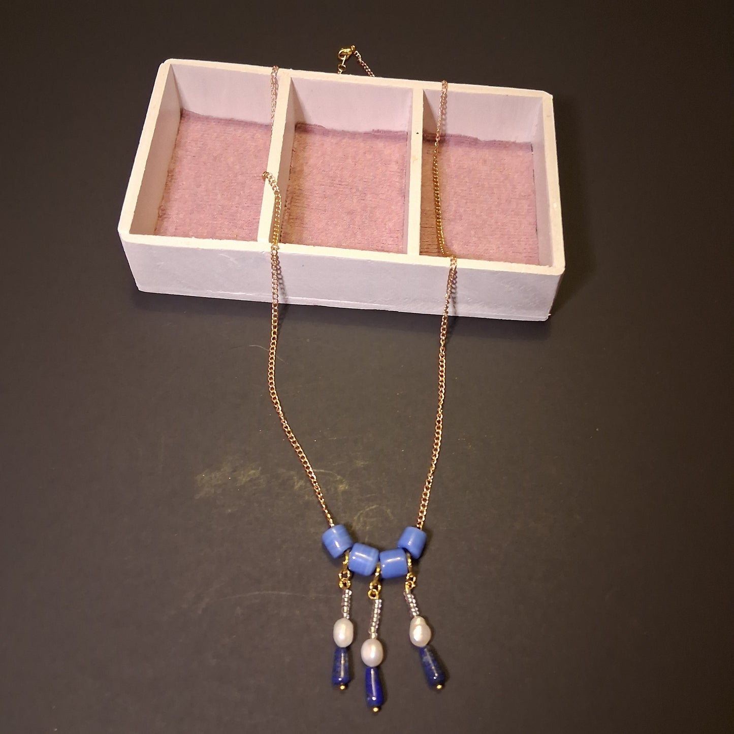 Handmade Beaded Chain Necklace Boho Lapis Lazuli Pearl
